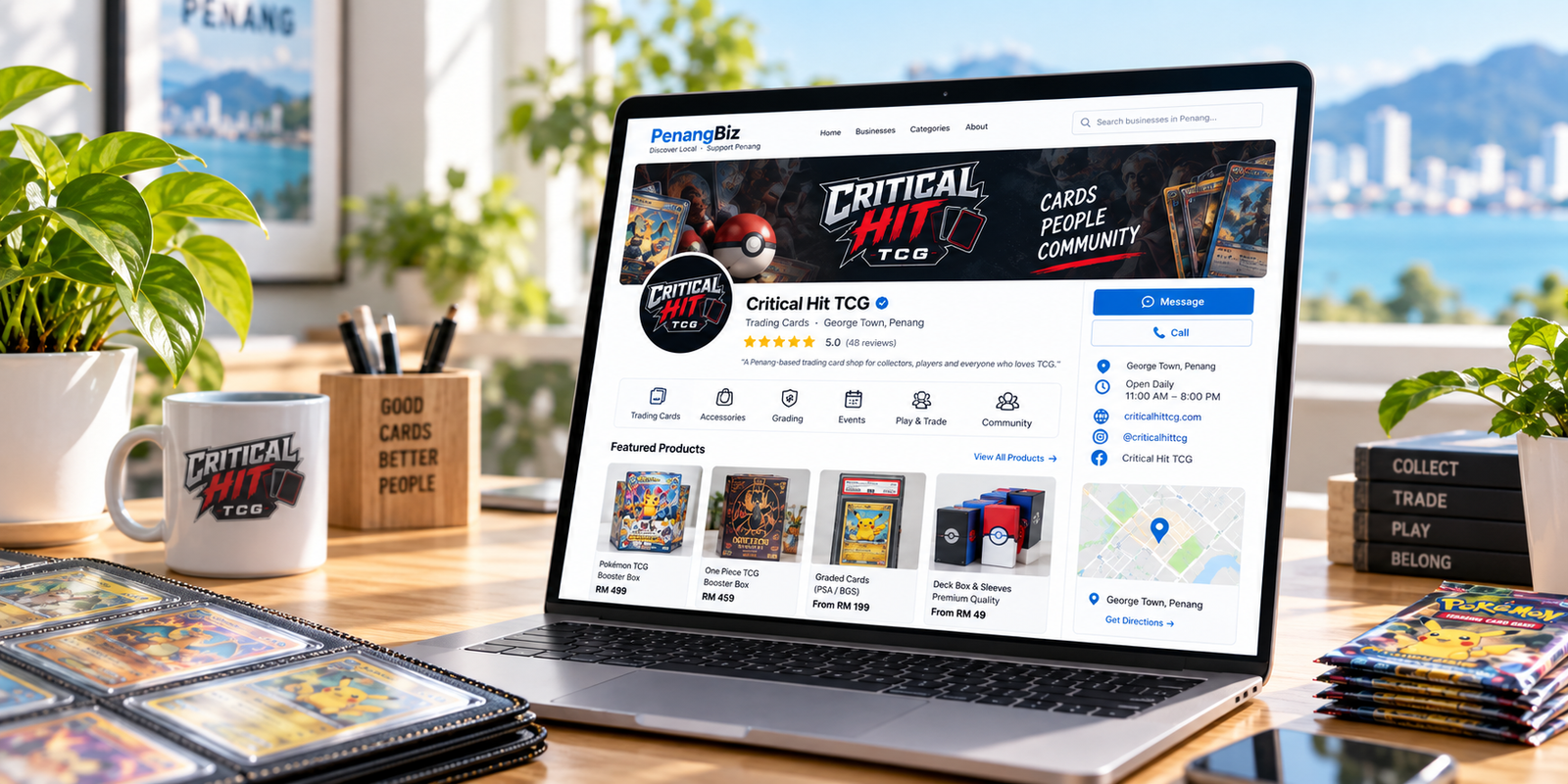 A polished PenangBiz page with your business details, services, gallery, contact options and social links.