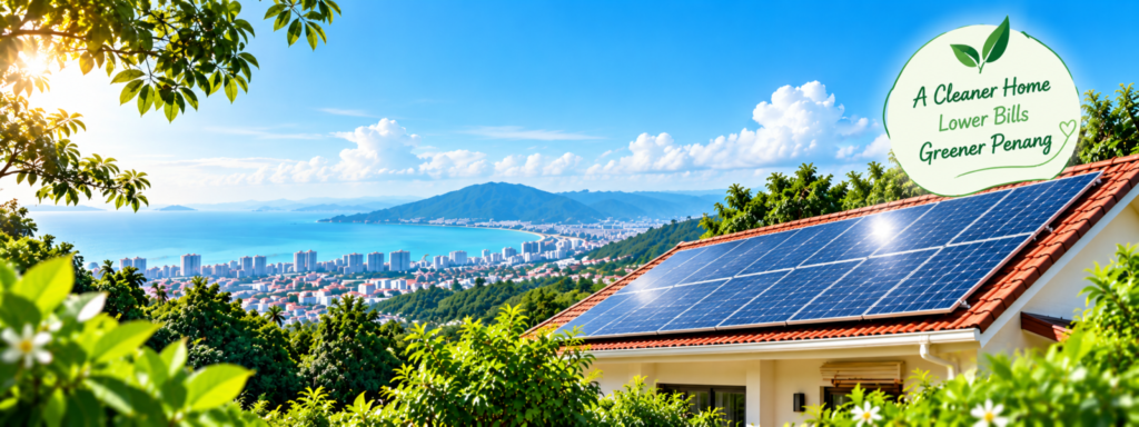 Residential rooftop solar panels in Penang surrounded by greenery, promoting cleaner energy and lower electricity bills.